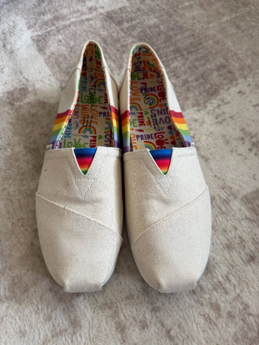 TOMS White Espadrilles Men’s Size 12 Pride Stripe Accents Slip‑On Shoes